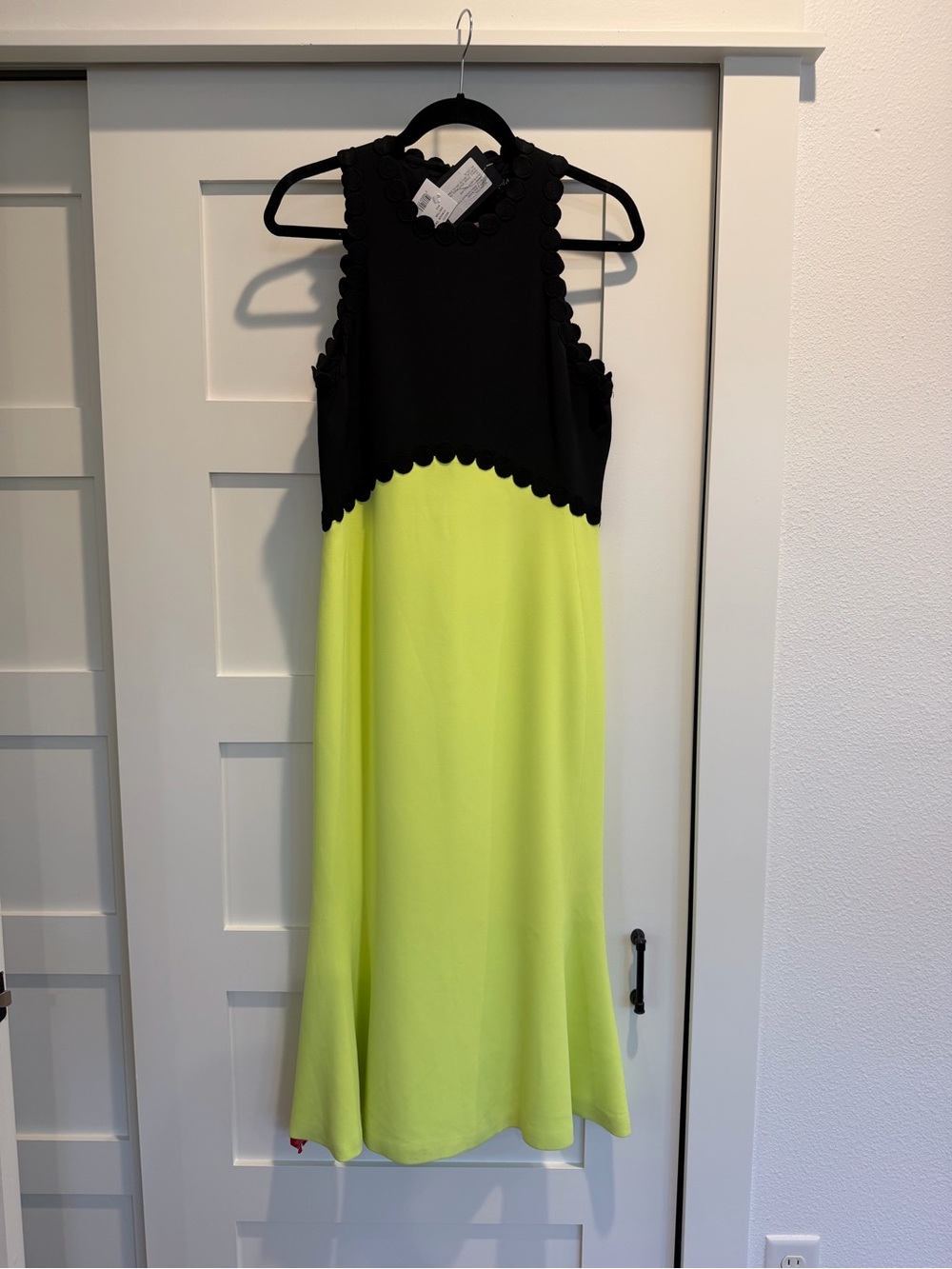 David Koma Black and Neon Yellow Scalloped Halter Midi Dress